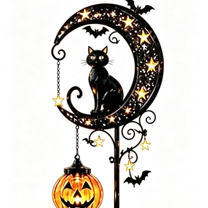 Solar Black Cat & Pumpkin Moon Stake Light