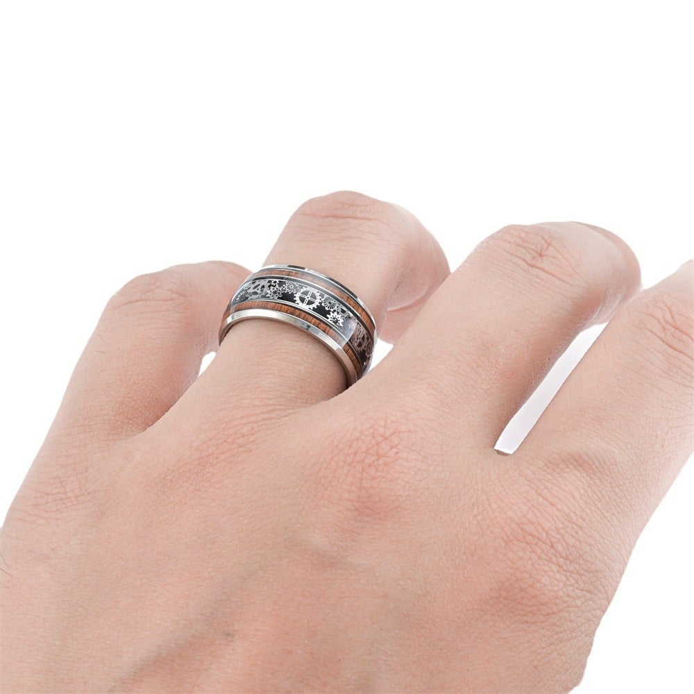 💍Inlaid Wood Grain Gear Pattern Tungsten Carbide Ring