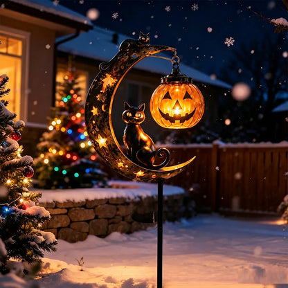 Solar Black Cat & Pumpkin Moon Stake Light