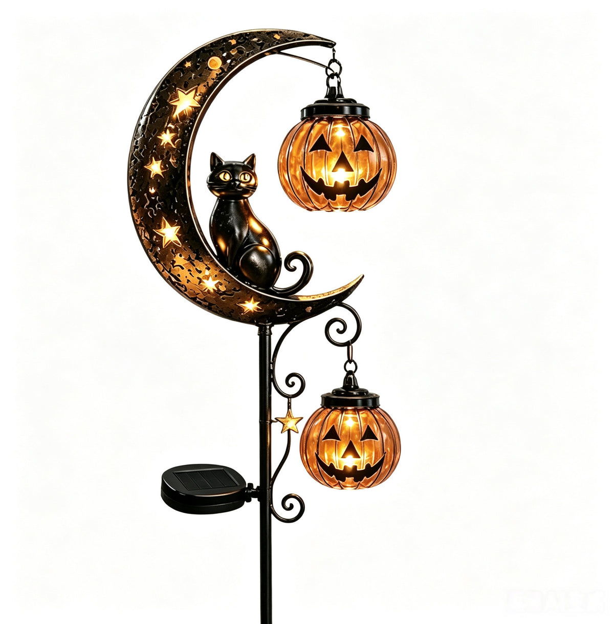 Solar Black Cat & Pumpkin Moon Stake Light