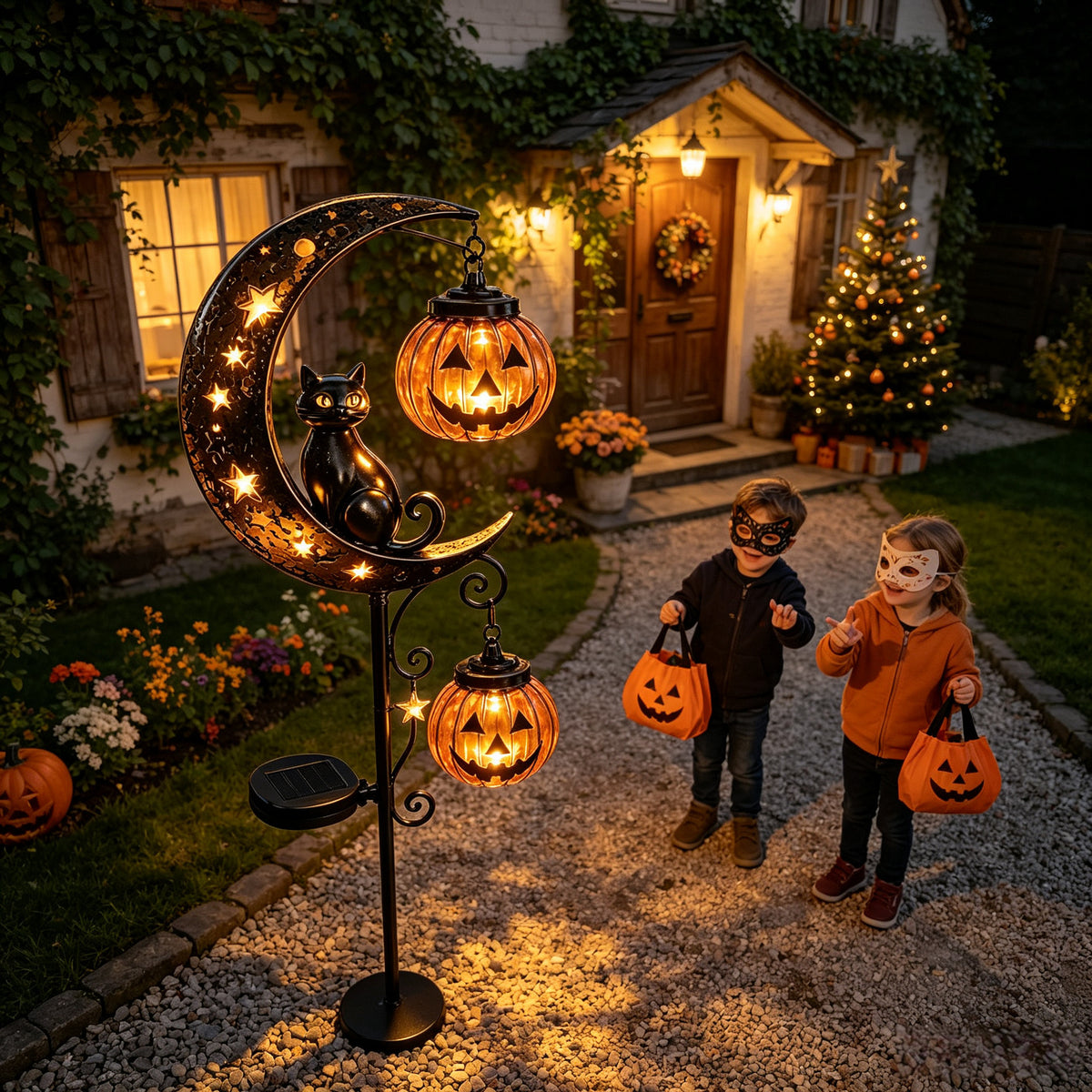 Solar Black Cat & Pumpkin Moon Stake Light