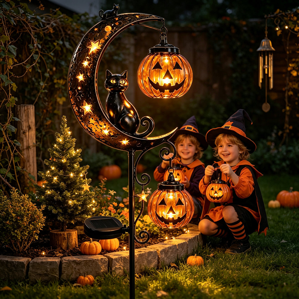 Solar Black Cat & Pumpkin Moon Stake Light