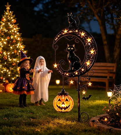 Solar Black Cat & Pumpkin Moon Stake Light