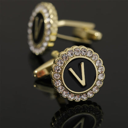 🎁Round Crystal-Embedded Initial Cufflinks with Enamel Finish - Personalized Alphabet Design