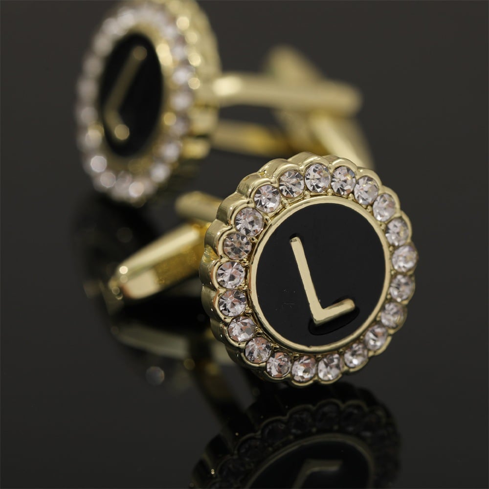 🎁Round Crystal-Embedded Initial Cufflinks with Enamel Finish - Personalized Alphabet Design