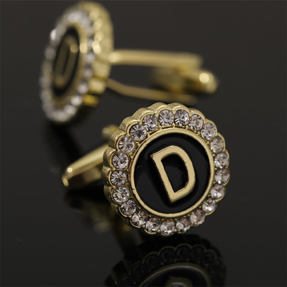🎁Round Crystal-Embedded Initial Cufflinks with Enamel Finish - Personalized Alphabet Design