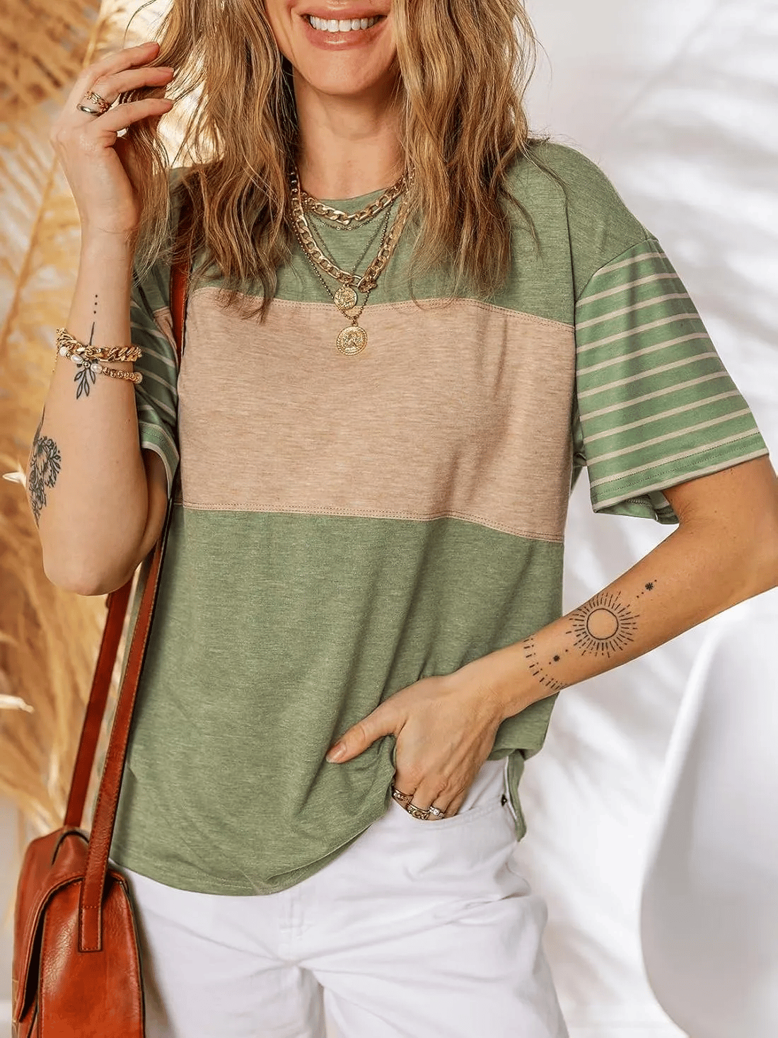 Womens Oversized Crewneck Casual Color Block Striped Shirts Blouses