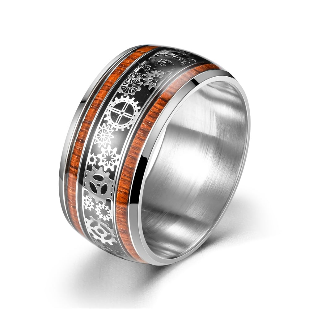 💍Inlaid Wood Grain Gear Pattern Tungsten Carbide Ring