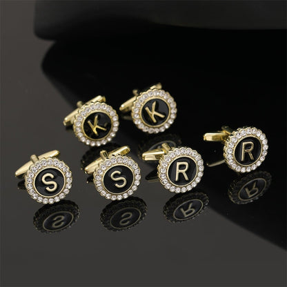 🎁Round Crystal-Embedded Initial Cufflinks with Enamel Finish - Personalized Alphabet Design