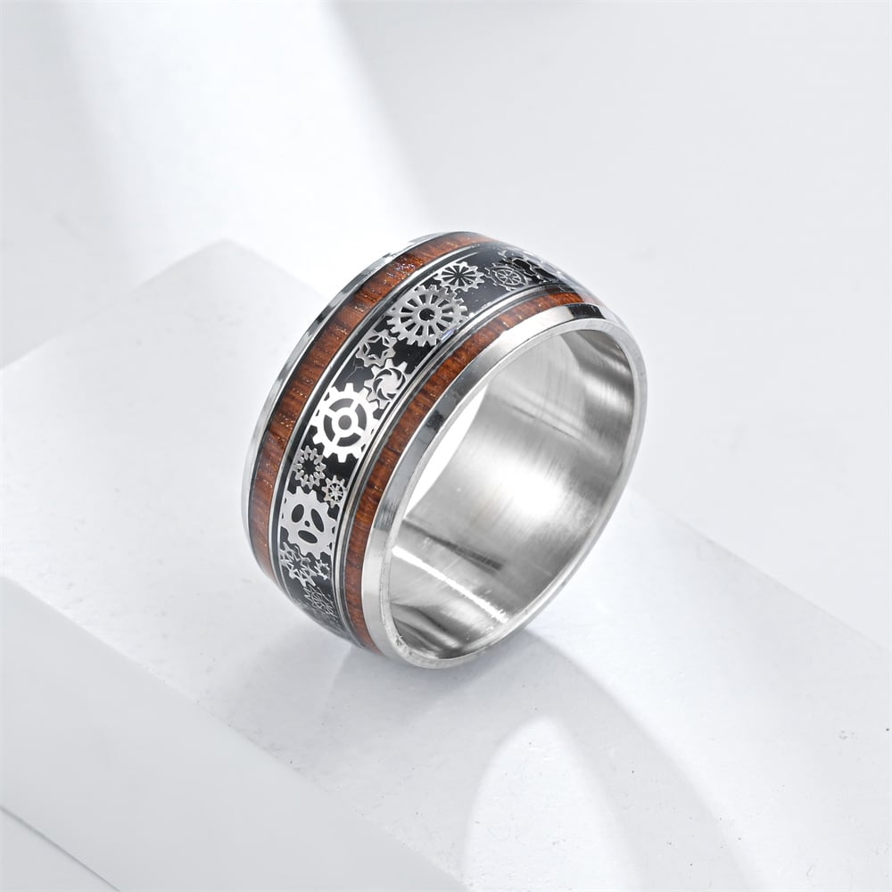 💍Inlaid Wood Grain Gear Pattern Tungsten Carbide Ring