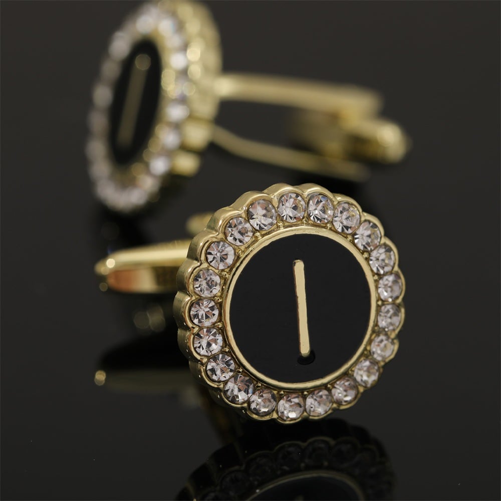 🎁Round Crystal-Embedded Initial Cufflinks with Enamel Finish - Personalized Alphabet Design