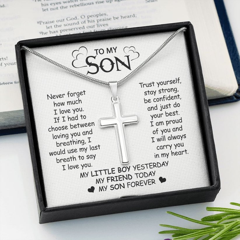 Gift For Son - Never Forget My Love - Cross Necklace With Message Card - Son Gift For Birthday, Christmas, Special Occasion From Mom, Dad