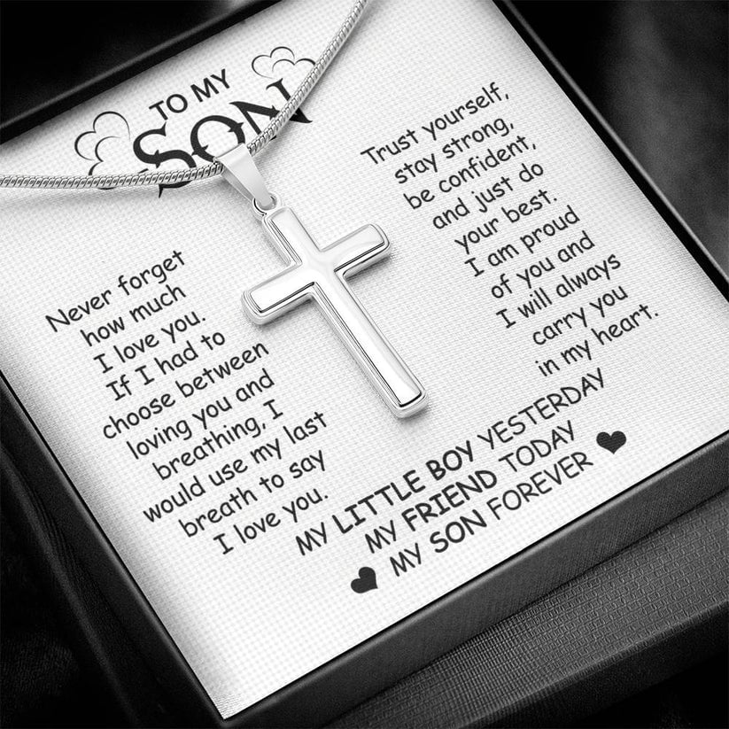 Gift For Son - Never Forget My Love - Cross Necklace With Message Card - Son Gift For Birthday, Christmas, Special Occasion From Mom, Dad