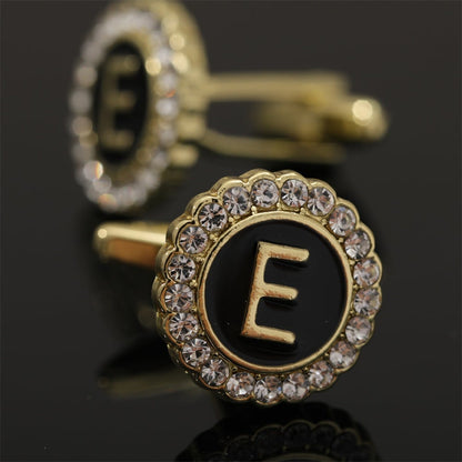 🎁Round Crystal-Embedded Initial Cufflinks with Enamel Finish - Personalized Alphabet Design