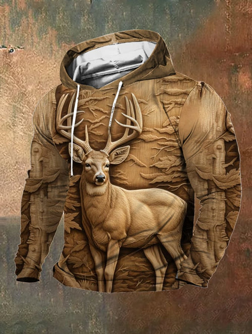 Men's Retro Outdoor 3D Engraved Deer Hunting Print Hooded Sweatshirt