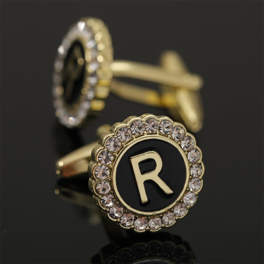 🎁Round Crystal-Embedded Initial Cufflinks with Enamel Finish - Personalized Alphabet Design