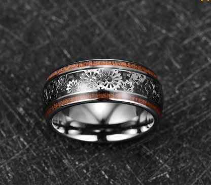 💍Inlaid Wood Grain Gear Pattern Tungsten Carbide Ring
