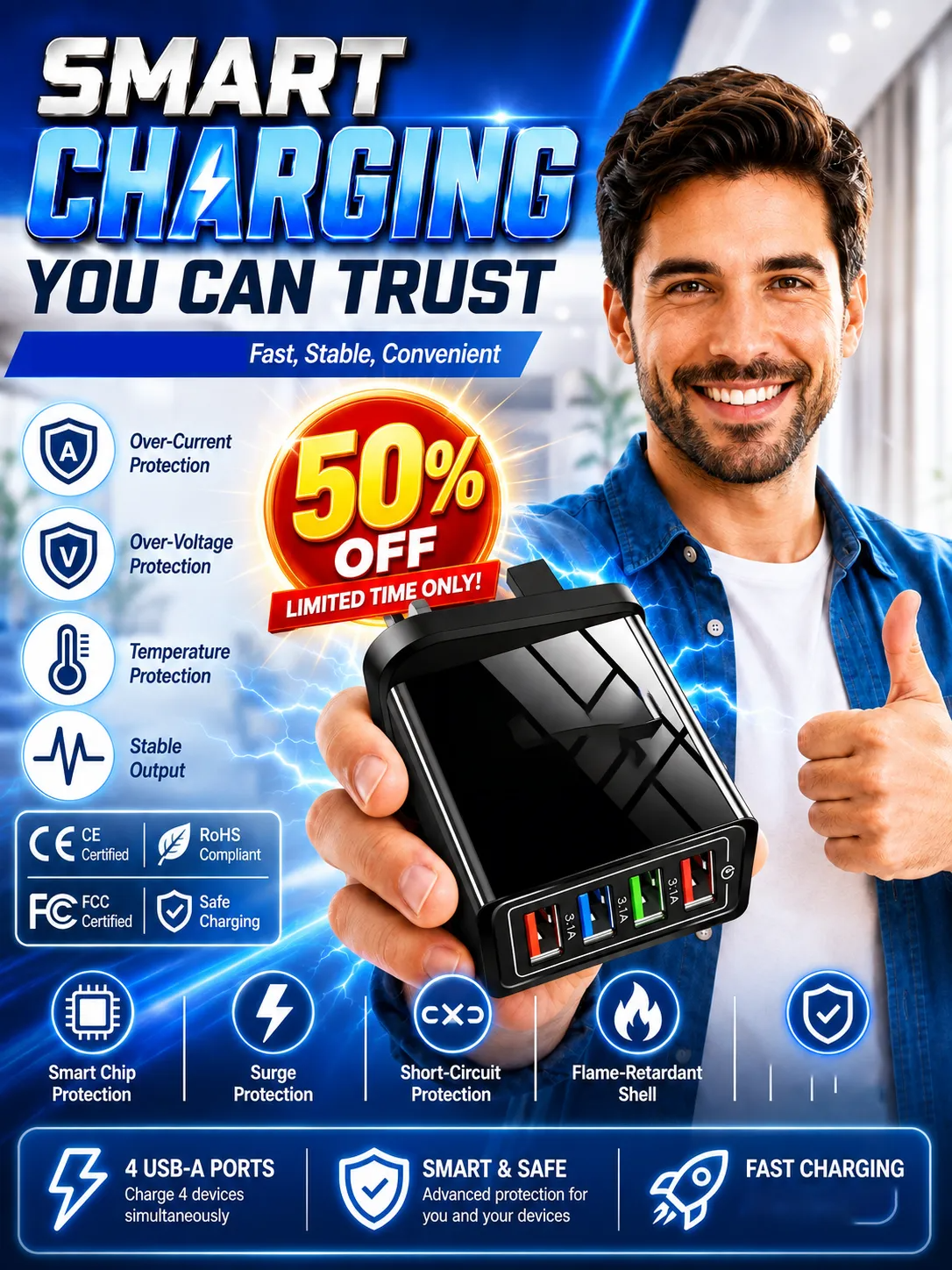 Improve Your Phone's Battery Life⚡4-in-1 Travel Charger🚀 Make your 4-year-old smartphone charge faster than a new one